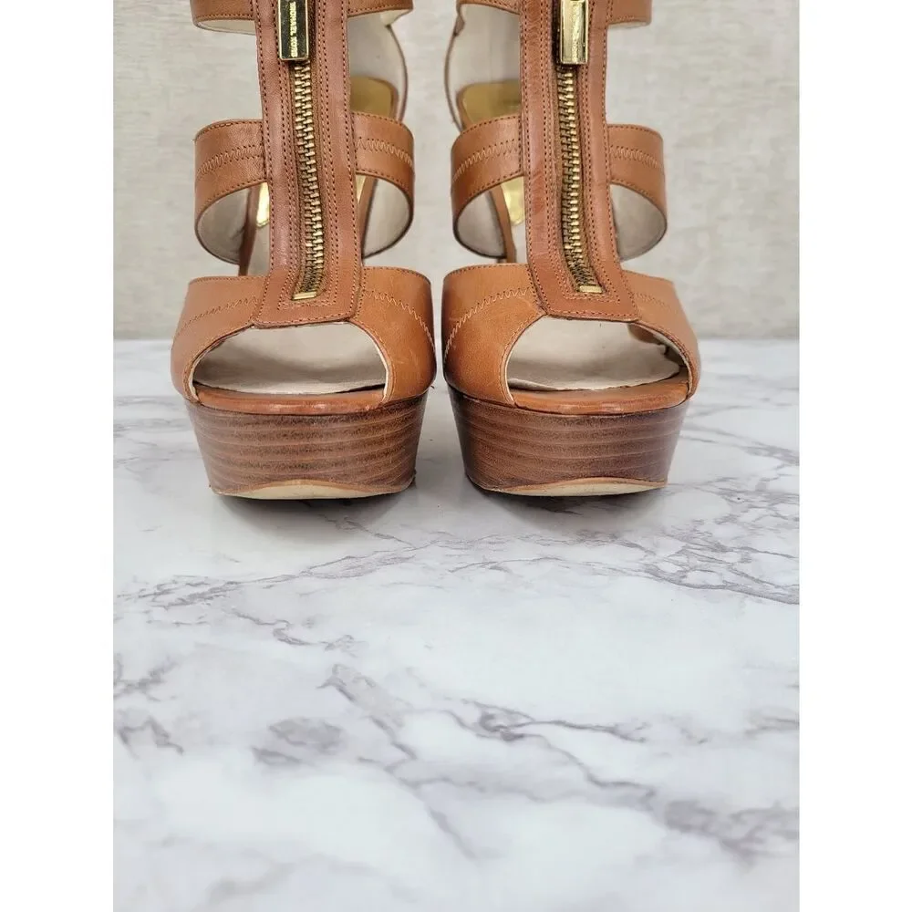 Michael Kors Berkley Tan Leather Platform Heels with Front Zip